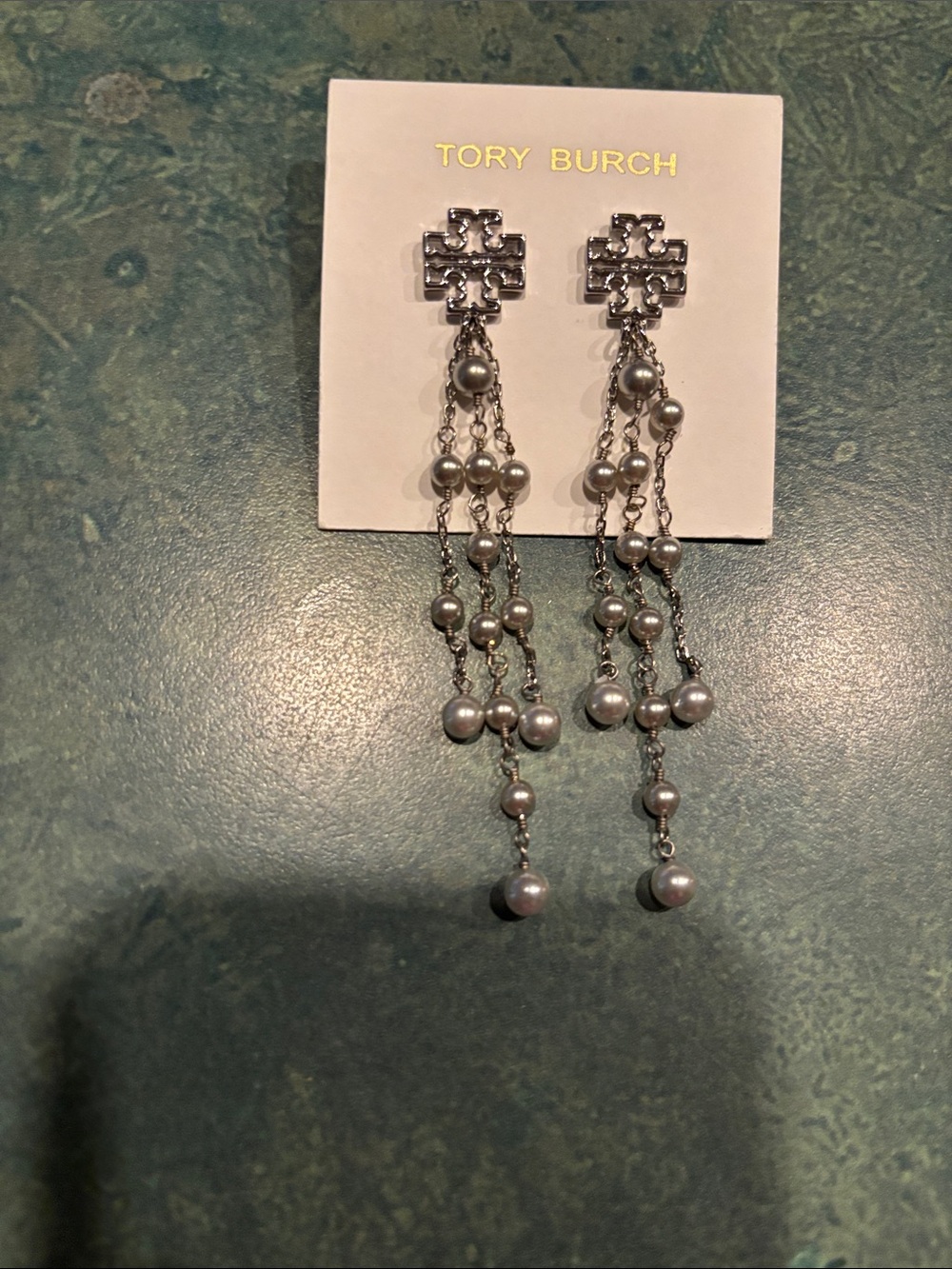 Brand new Tory Burch Silver plated Pearl Chain Drop Earrings